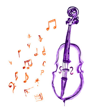 watercolor violet hand drawn cello and musical notes