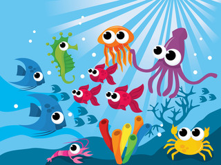 Fototapeta na wymiar Underwater Cartoon Creatures