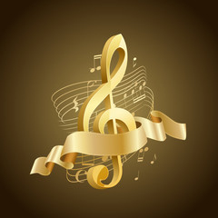 Naklejka premium golden musical treble clef with abstract lines and notes, ribbon