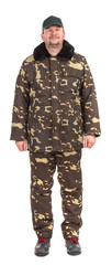 Camouflage winter jacket with black collar.