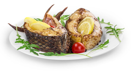 Close up of grilled carp steak. 