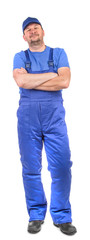 Worker in blue overalls. 
