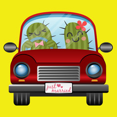 Just married couple of cactus in red car