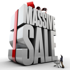 Massive sale text with a person and shopping trolley