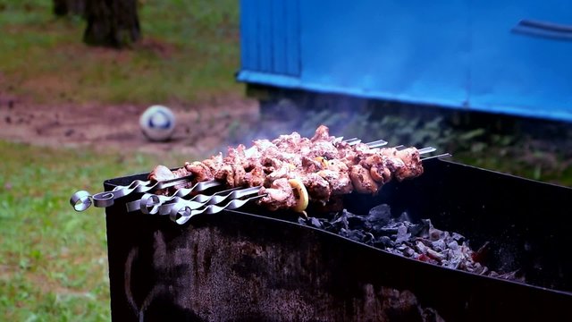 Приготовление шашлыка на углях в мангале. Летний пикник на воздухе