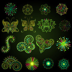 Set elements paisley indian national ornament. Multicolored flor