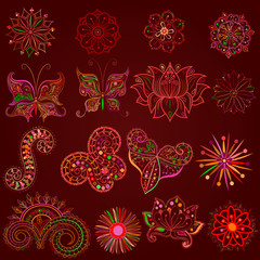 Set elements paisley indian national ornament. Multicolored flor