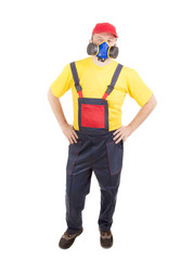 Worker in hat with respirator.