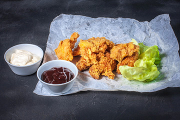 Hot breaded pieces of chicken.