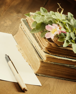 Old books, blank paper, flowers of wild roses in vintage style,