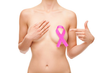 Woman with a breast cancer awareness ribbon