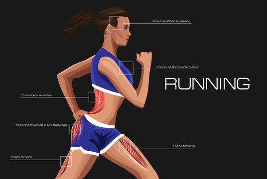Running woman. Annotation anatomical muscle training