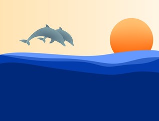 Two jumping dolphins at sunset
