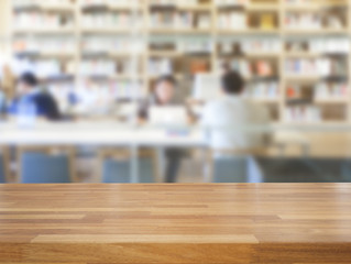 Empty wooden table and modern library background