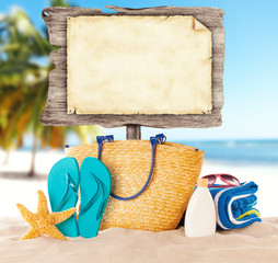 Summer beach with blank wooden poster