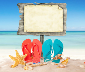 Summer beach with blank wooden poster