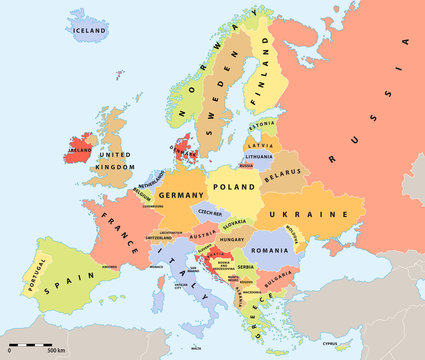 Europe political map 2015 with labels and map scale. Stock ...