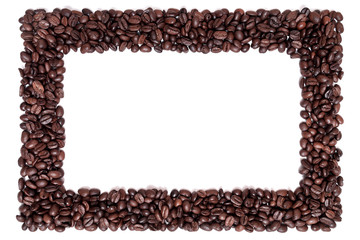 Frame of coffee grains on a white background.
