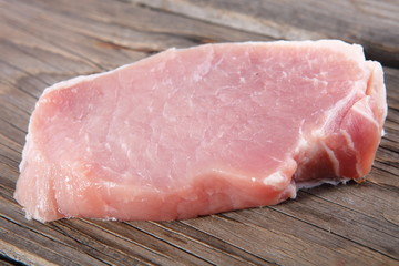 Meat, pork, slices pork loin on wooden board 