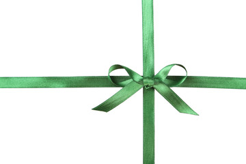 Green ribbon with bow on white background
