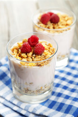 Muesli with yogurt and raspberries in a glass 