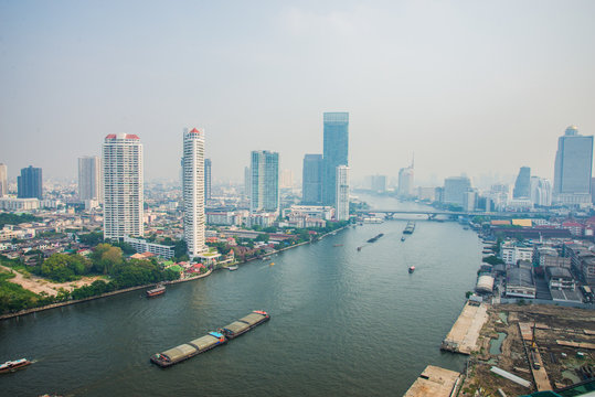 Bangkok city skyline view with Chaophraya river