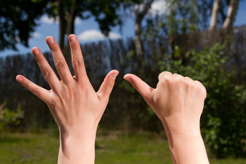 Finger zeigen eine Zahl sechs