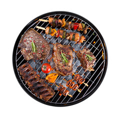 Barbecue grill with meat on white background