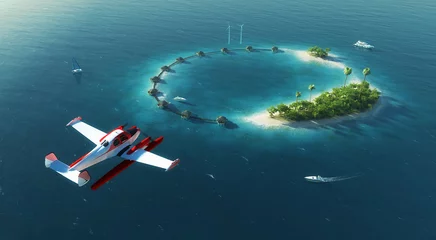 Gordijnen Sea airplane flying above private paradise tropical island © Space-kraft