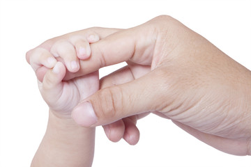 Child hand holds father finger