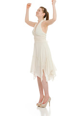 Model happy successful arms in the air