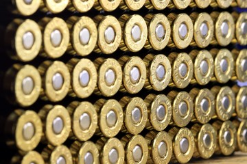 A row of 45 caliber ammunition copper plated bullets - obrazy, fototapety, plakaty