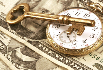 Pocket Watch, US Currency, And Skeleton Key