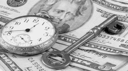Pocket Watch, US Currency, And Skeleton Key. 
