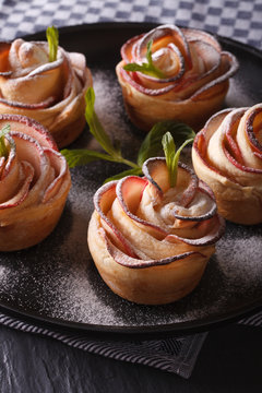 Beautiful puff pastry with apples close-up vertical
