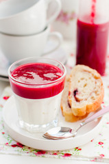 Greek Yogurt with Berry Sauce and Slices of Sweet Bread