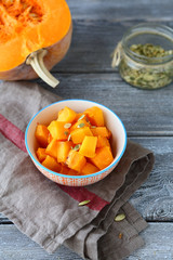 Stewed tasty pumpkin slices in a bowl