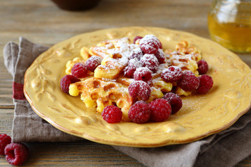 Soft waffles with sweet raspberry and honey