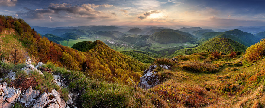 Green Spring Slovakia mountain nature landscape with sun and cro