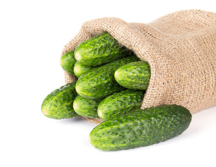 Raw cucumber in burlap bag isolated on white