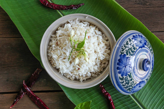 Rice Berry On Banana Leaf Background