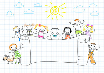 Happy friends with banner