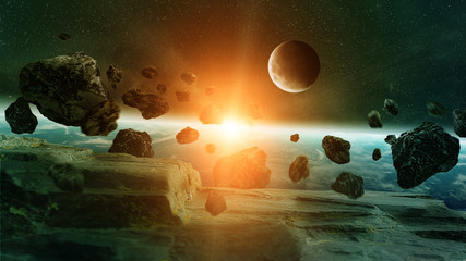 Meteorite impact on planet Earth in space - obrazy, fototapety, plakaty