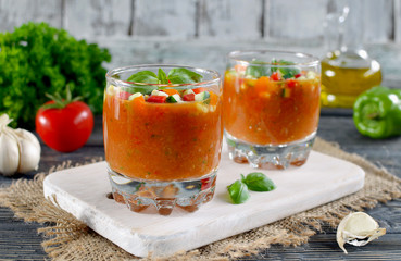Fresh gazpacho on a wooden table
