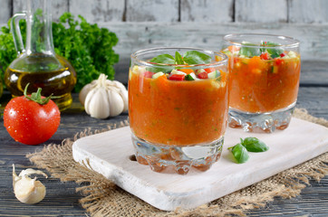 Fresh gazpacho on a wooden table