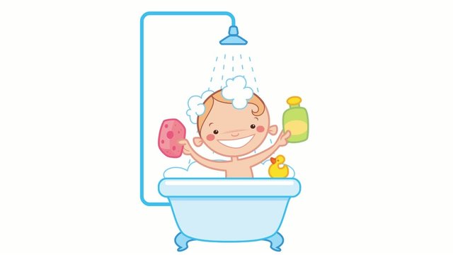 Animation loop of happy cartoon baby boy washing in a bathtub