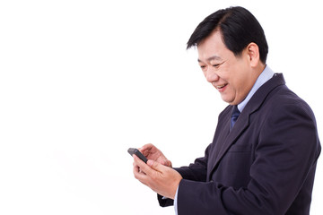 happy businessman with smartphone application