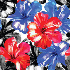 Hibiscus red, blue and black watercolor seamless background