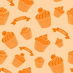 Cupcakes on Beige Background, seamless pattern.