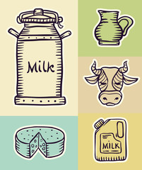 Milk and dairy products hand drawn set draft sketch. Eps8